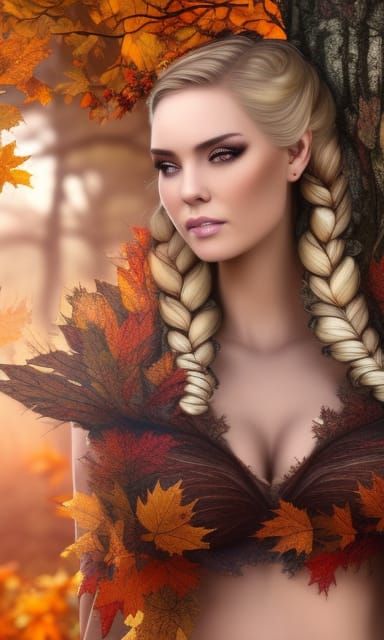 Autumn Fae Woman in Forest, Digital Art