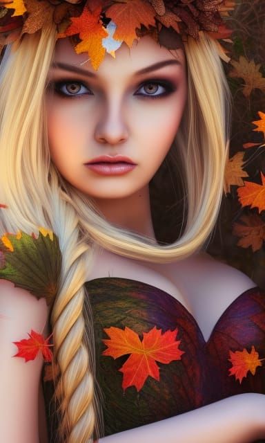 Autumn Fae Woman in Forest, Hyperdetailed Art
