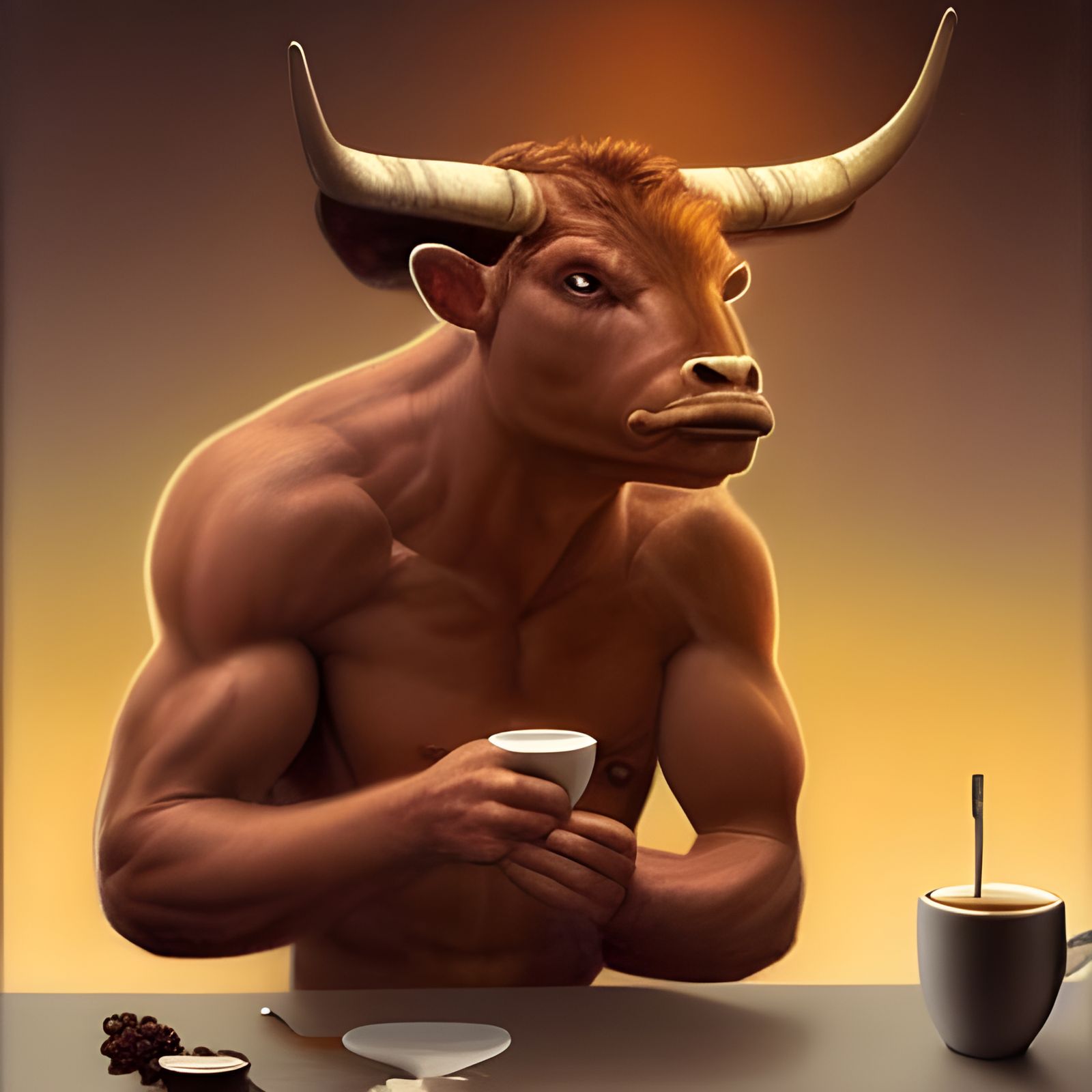 Minotaur Enjoying Coffee in Cafe, Photoillustration