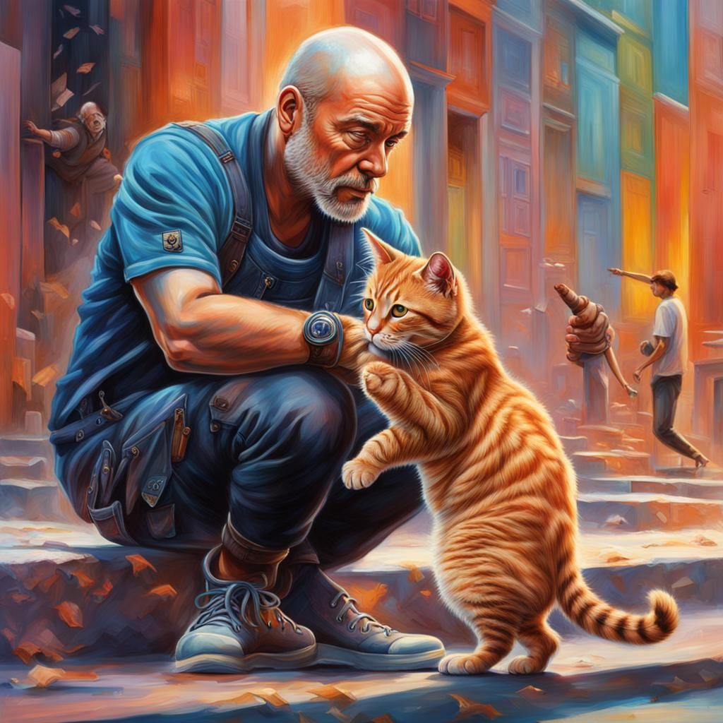 Hyperrealistic Portrait of Man with Kitten