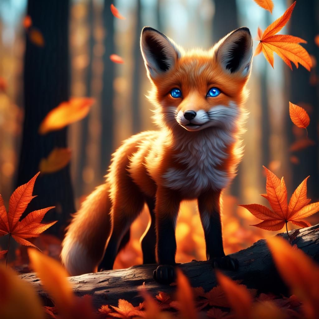 Fox Pup with Glowing Eyes in Autumn Forest