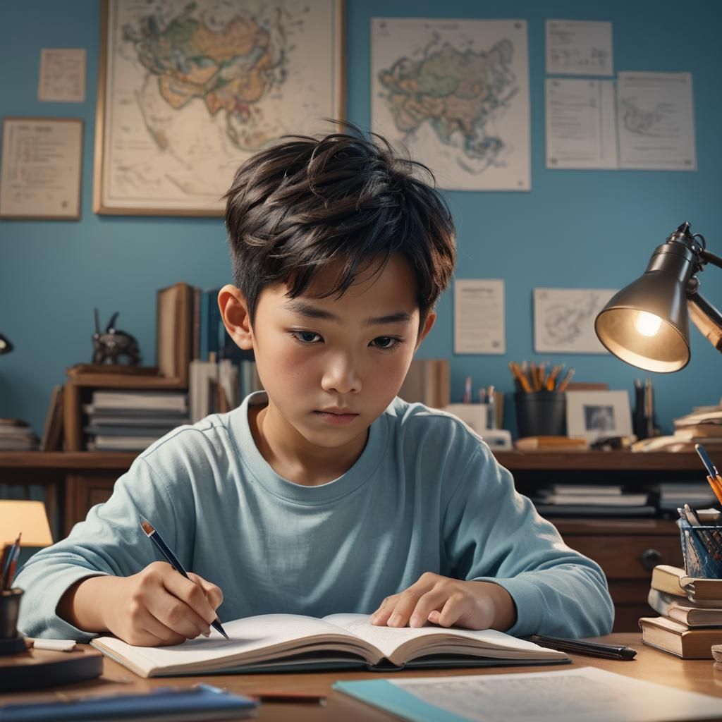 Asian Boy Studying, Detailed Matte Painting