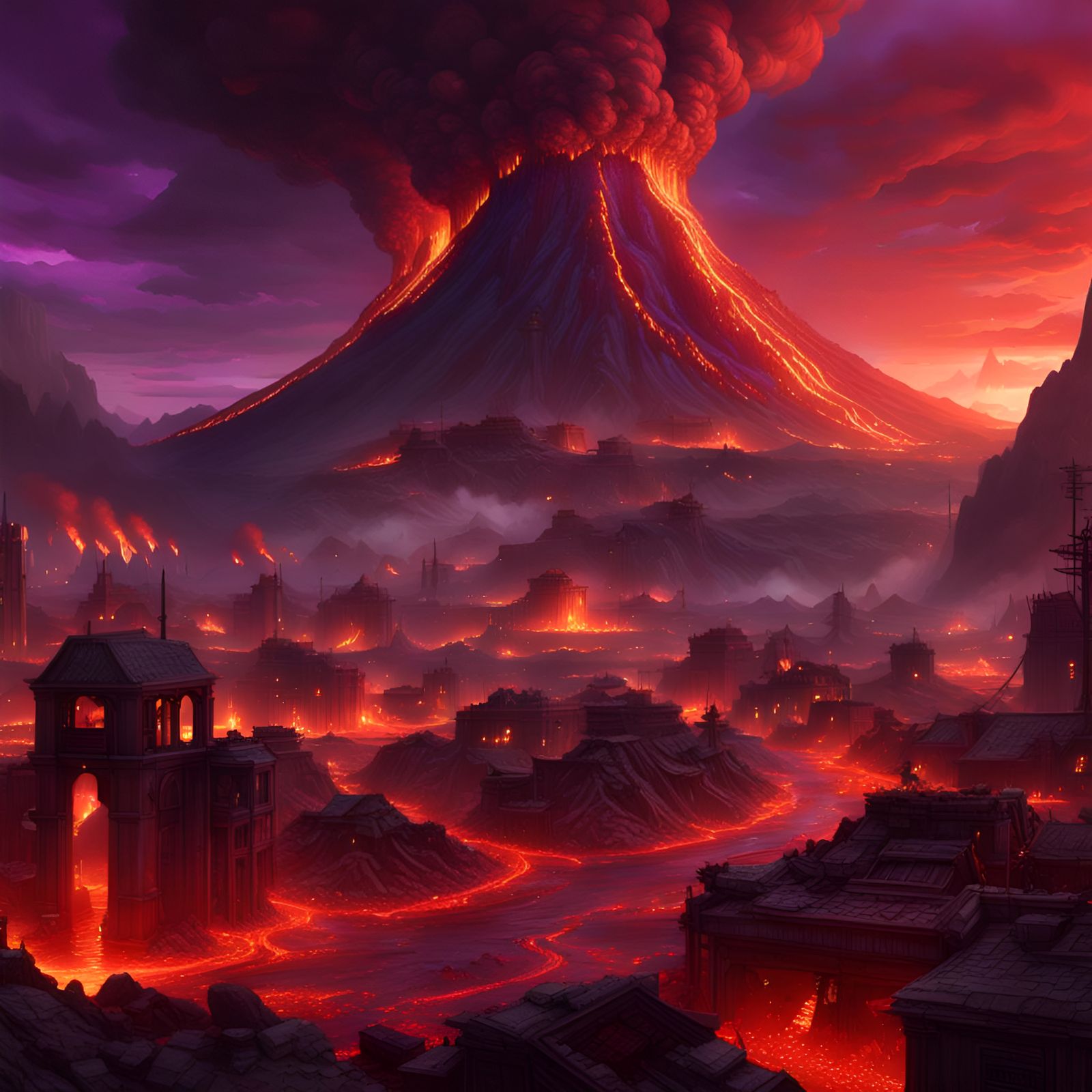 Volcanic Eruption Destroys Town: Dark Fantasy Art
