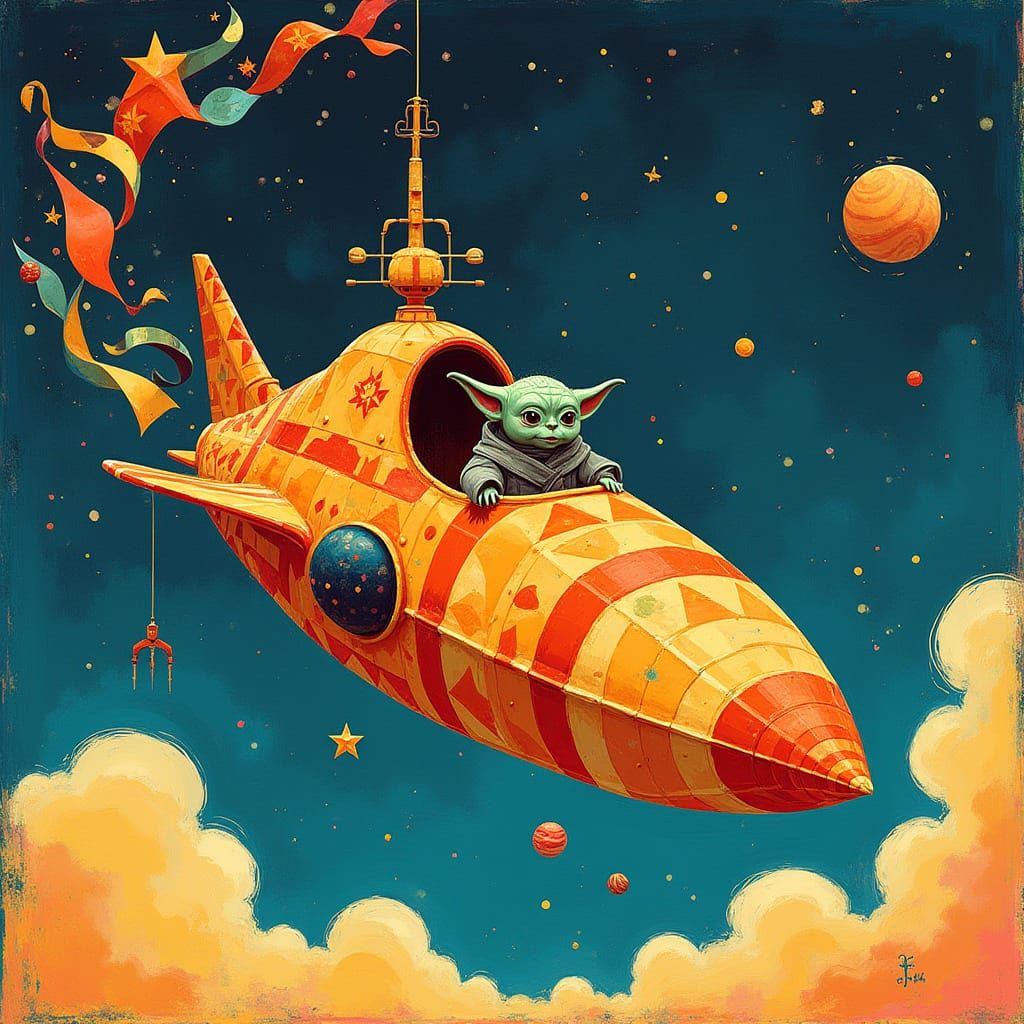 Vibrant Starship Soars with Folk-Art Flair