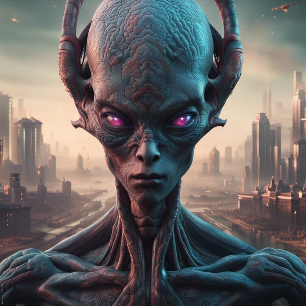 Half Human Half Alien AI: Detailed Matte Painting