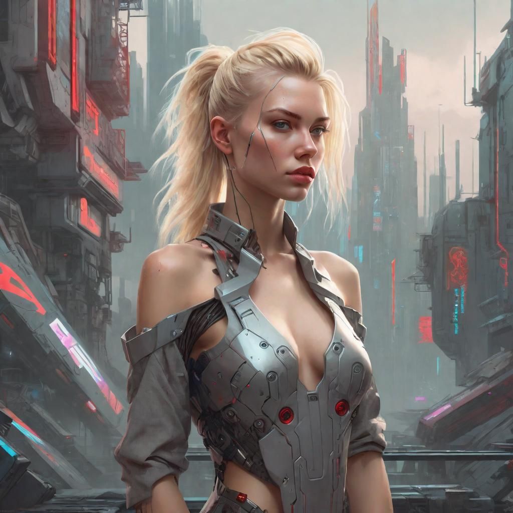 Young beautiful Blond Women standing in a Cyberpunk Fantasy World