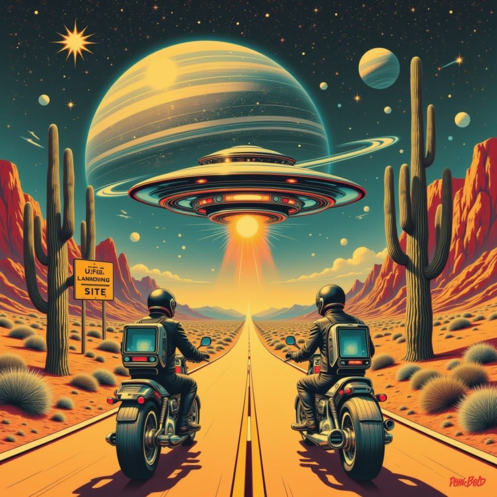Retro Sci-Fi Collage: Desert Highway UFO Landing