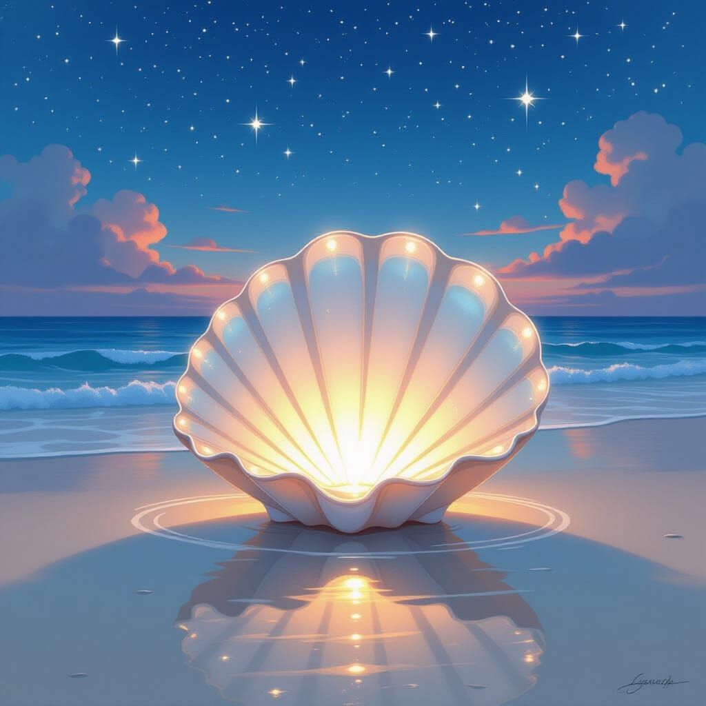 Starry Night Beach Reflection in Art Nouveau Style