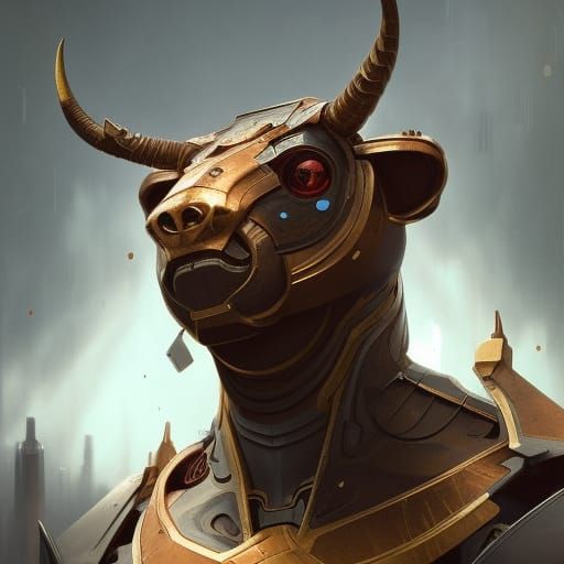 Robotic Minotaur Portrait in Hyperdetailed Digital Art