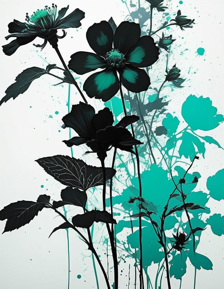 Cosmic Botanical Ink Drawing with Mint Green Flowers