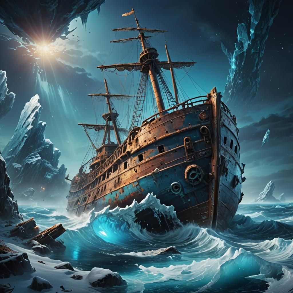 Underwater Shipwreck with Frozen Glow: Hyper-Realistic Conce...