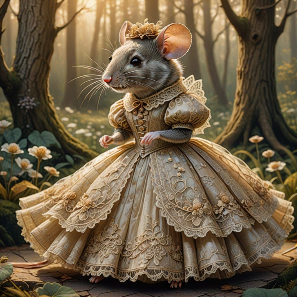 Whimsical Mouse in Victorian Crinoline Dress, Arthur Rackham...