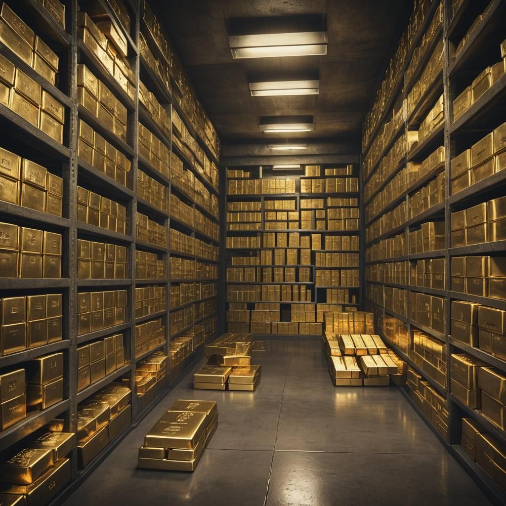 Fort Knox Interior: Gold Bars in Dimly Lit Vault