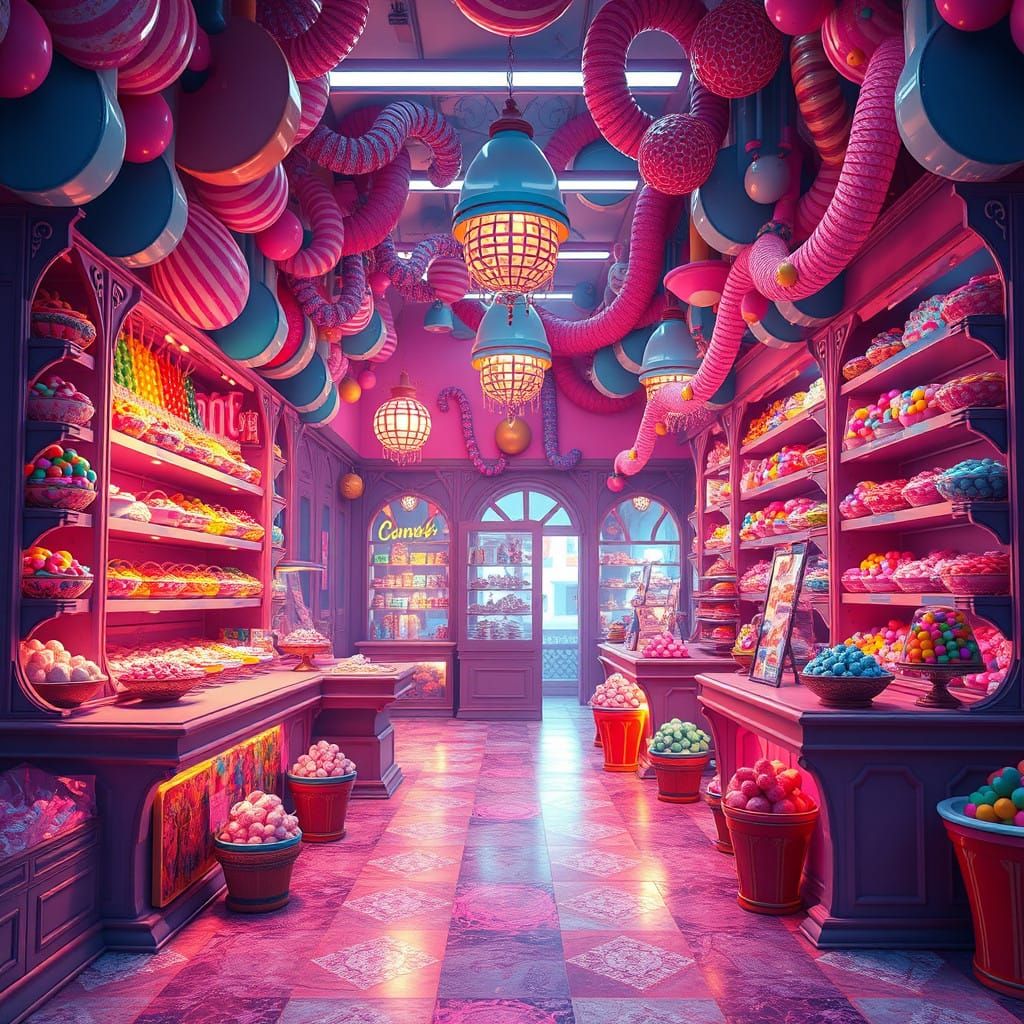 Futuristic Candy Shop Interior in Vibrant Color