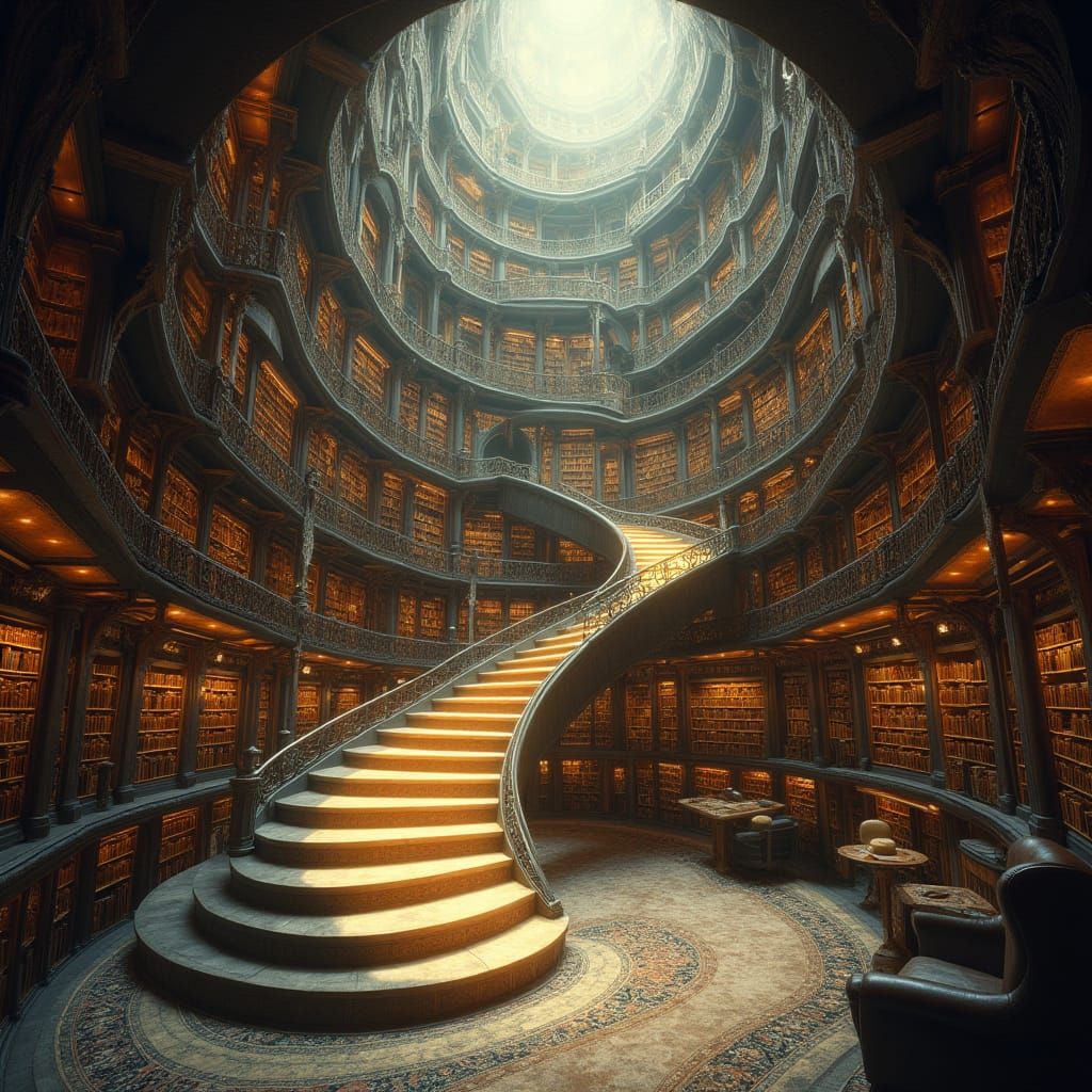 Majestic Infinity Library with Celestial Staircase and Dream...