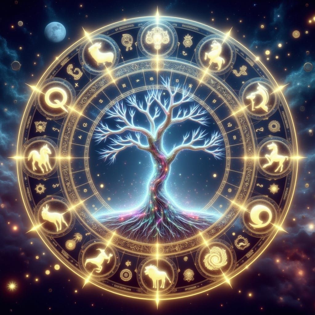 Glowing Zodiac Circle with Tree of Life in Ethereal Style