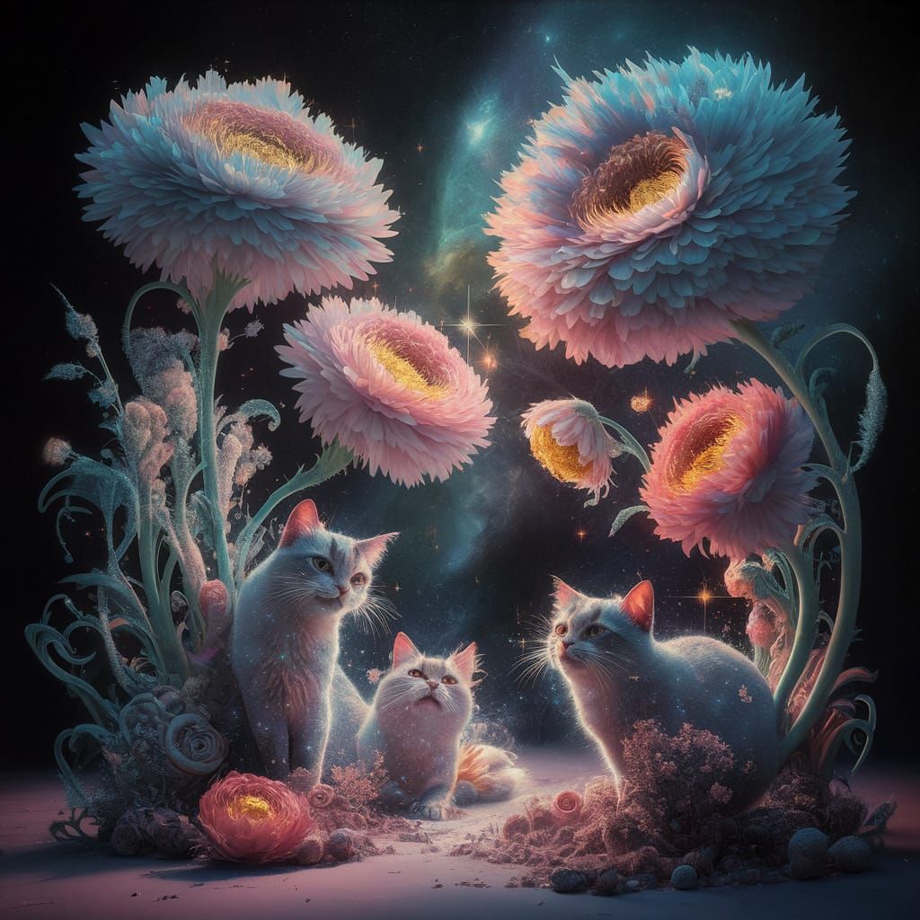Cats frolicking in tall flowers