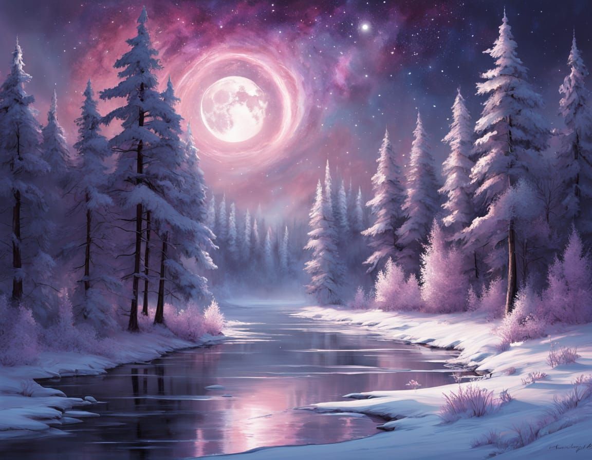 Magical Winter Night Landscape with Cosmic Sky