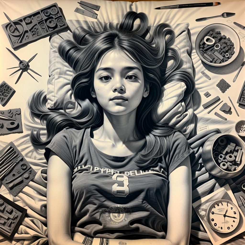 Detailed Charcoal Drawing of Woman's Life on Bed