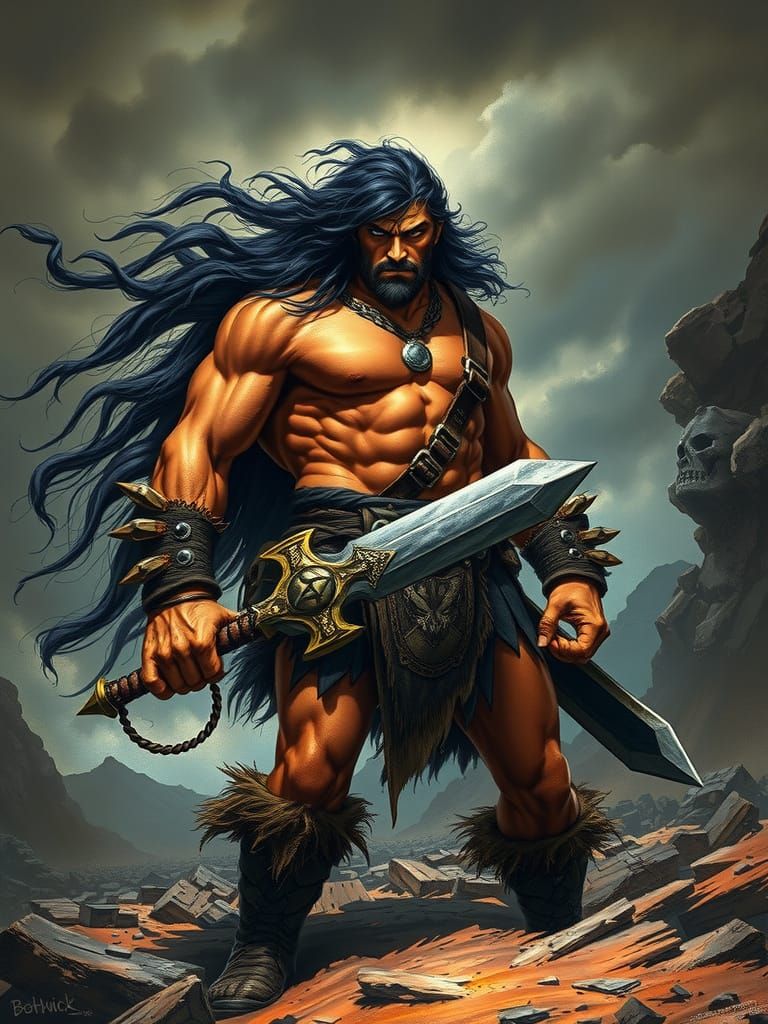 Cimmerian Warrior in a Stormy Landscape