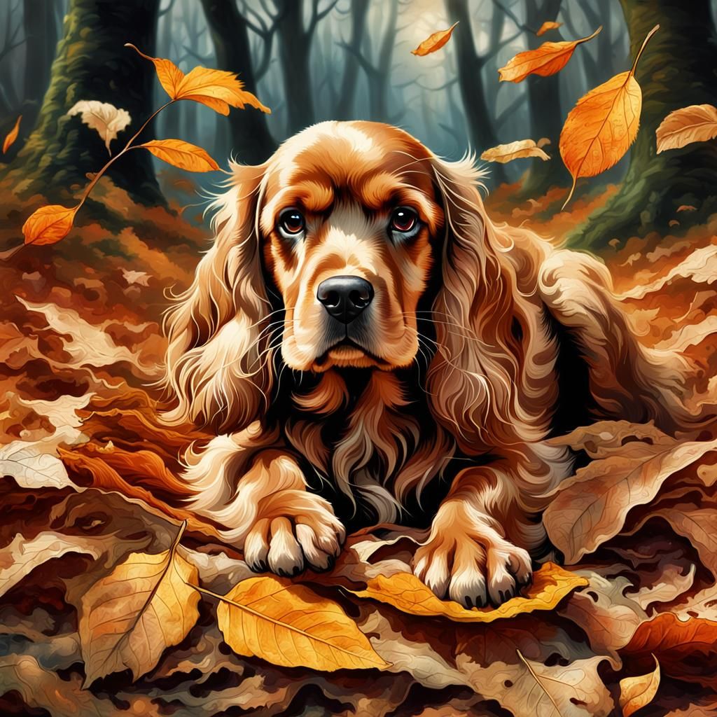 Cocker Spaniel in Autumn Leaves, Fantasy Art
