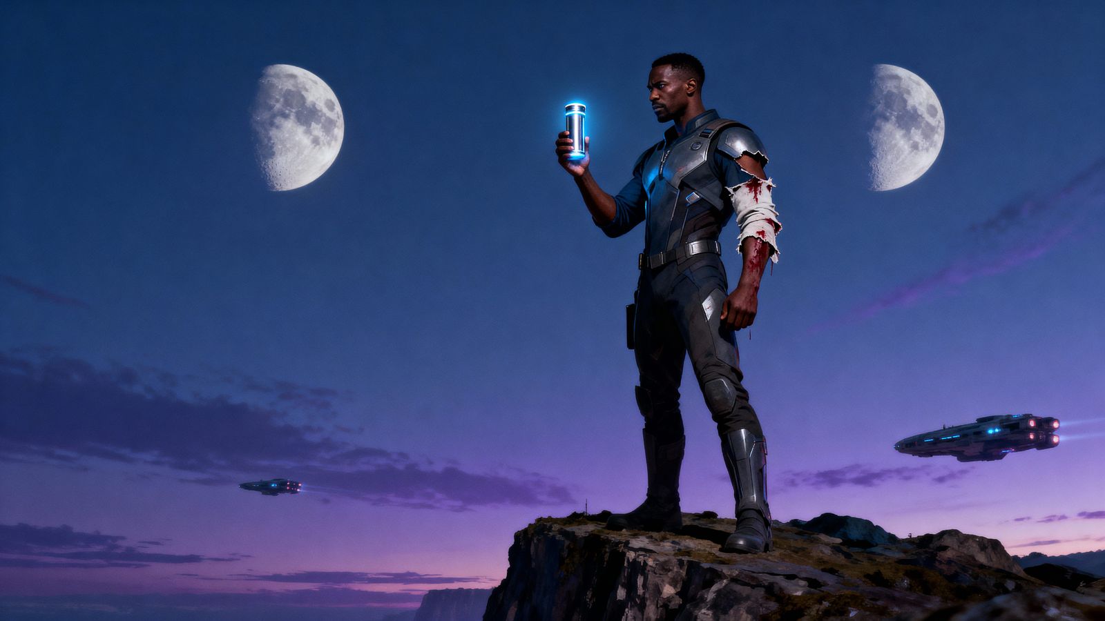 Heroic Black Man on Cliff Top with Glowing Cylinder
