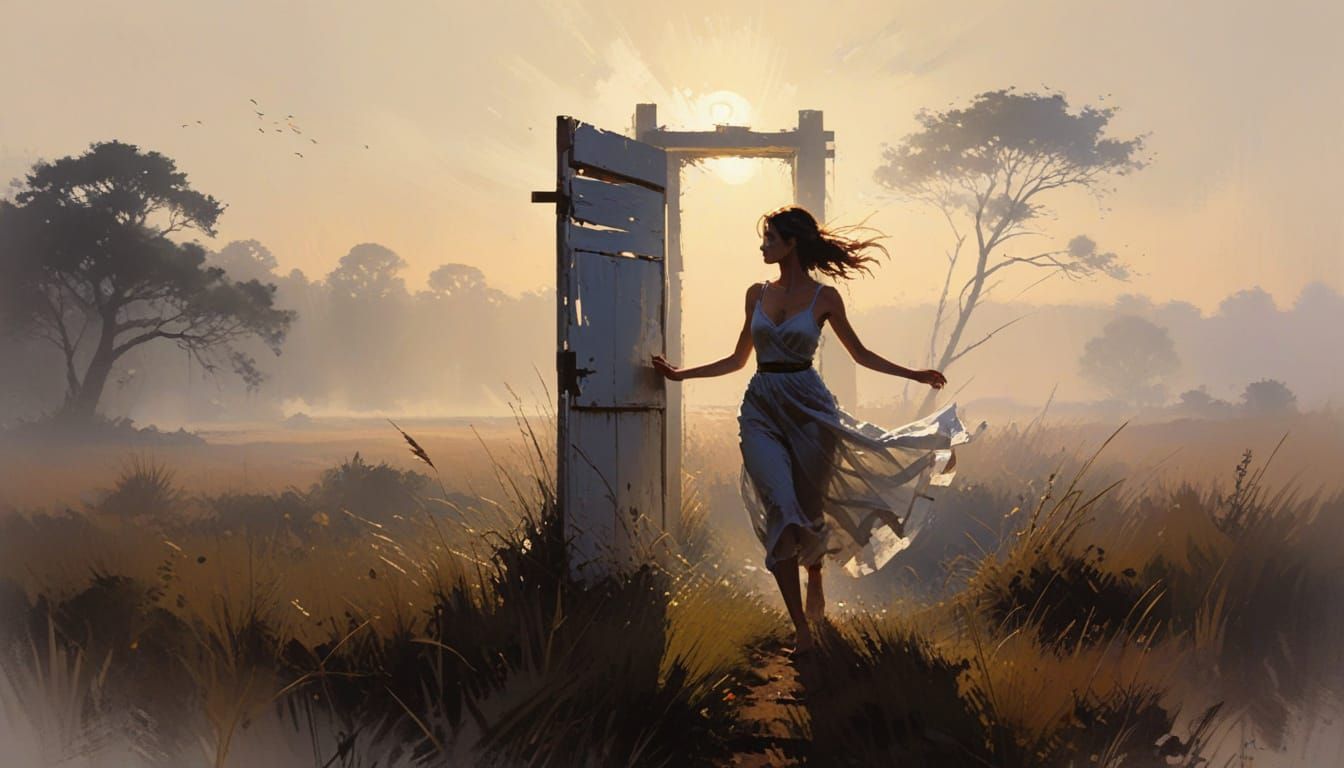 Barefoot Woman in Misty Fantasy Landscape