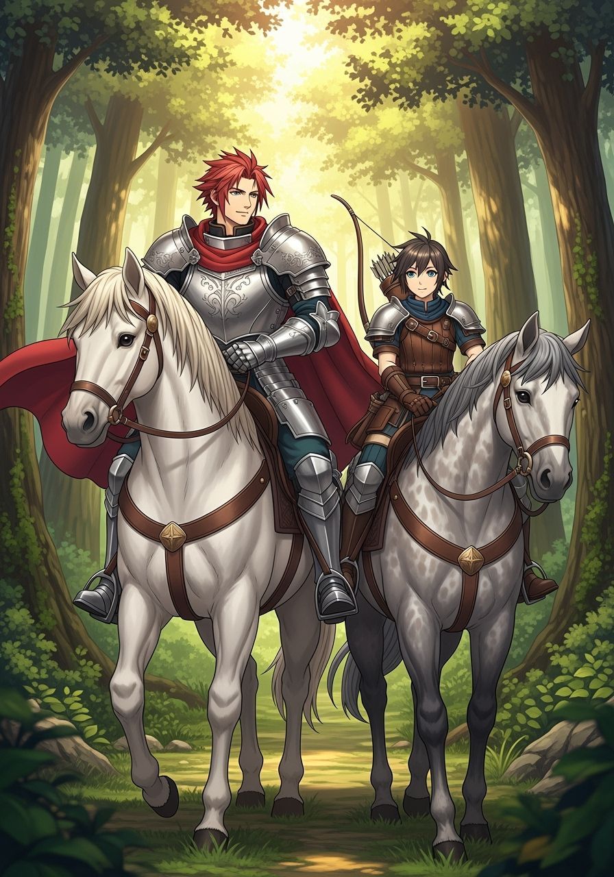 Anime Knight and Squire Ride Through Forest