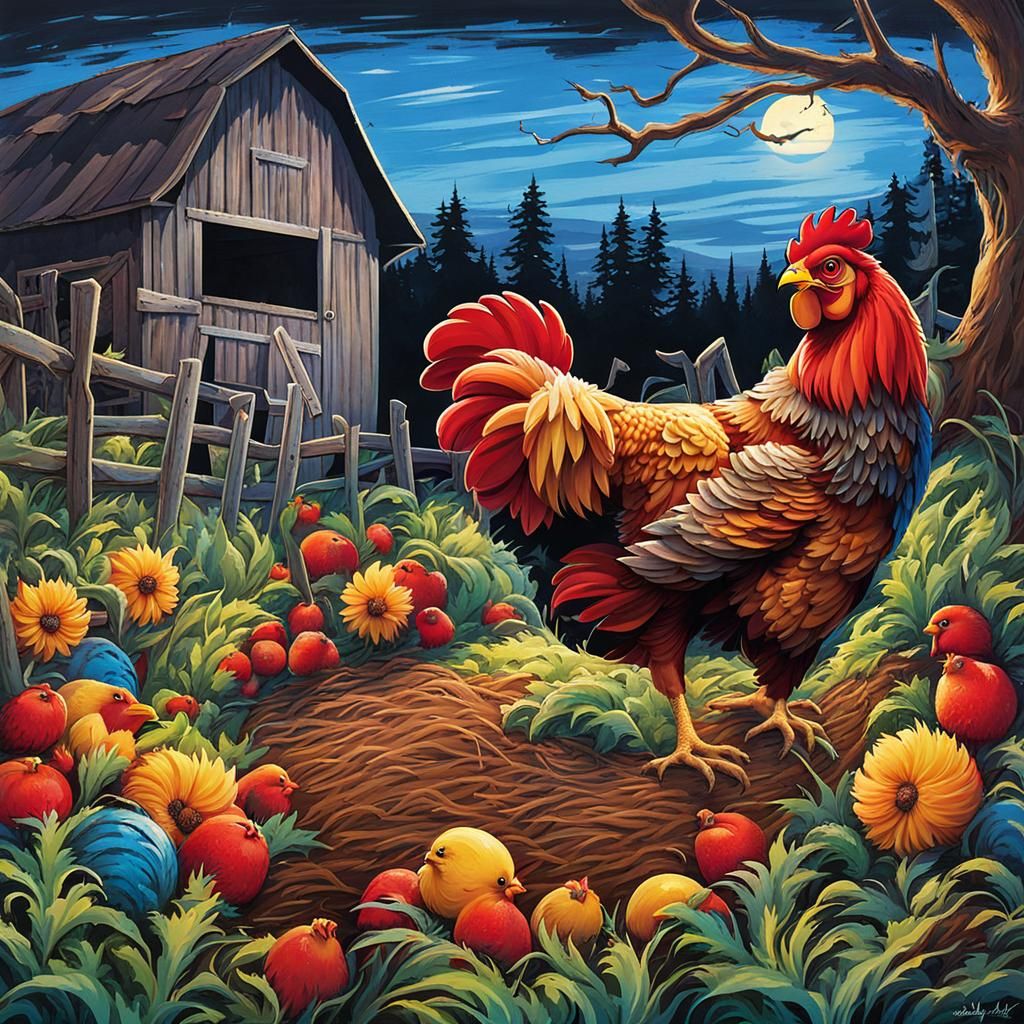 Humorous Cartoon Chicken in Barnyard Setting