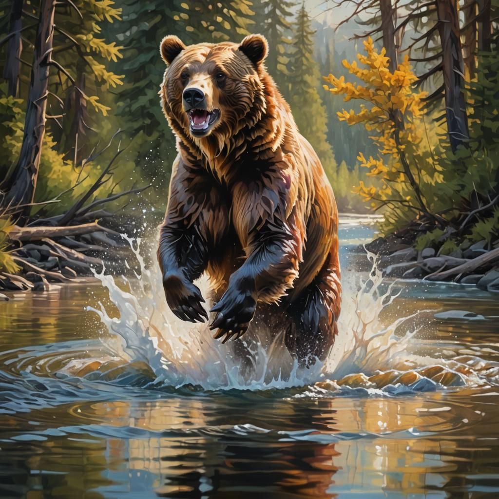 Grizzly Bear Leaping to Catch Fish: Oil Painting
