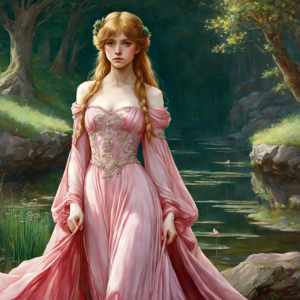 Red Haired Girl in Pink Gown by Pond