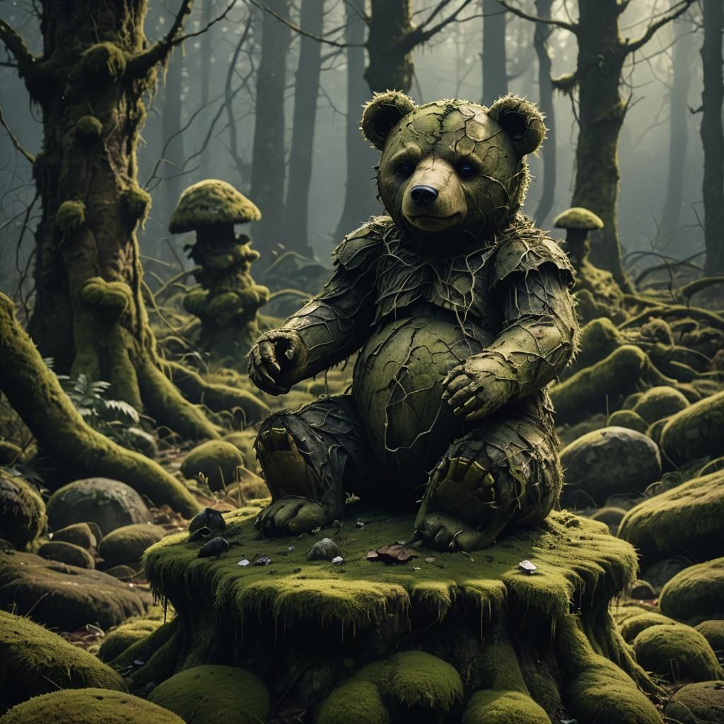 Creepy Teddy Bear in Dark Fantasy Forest