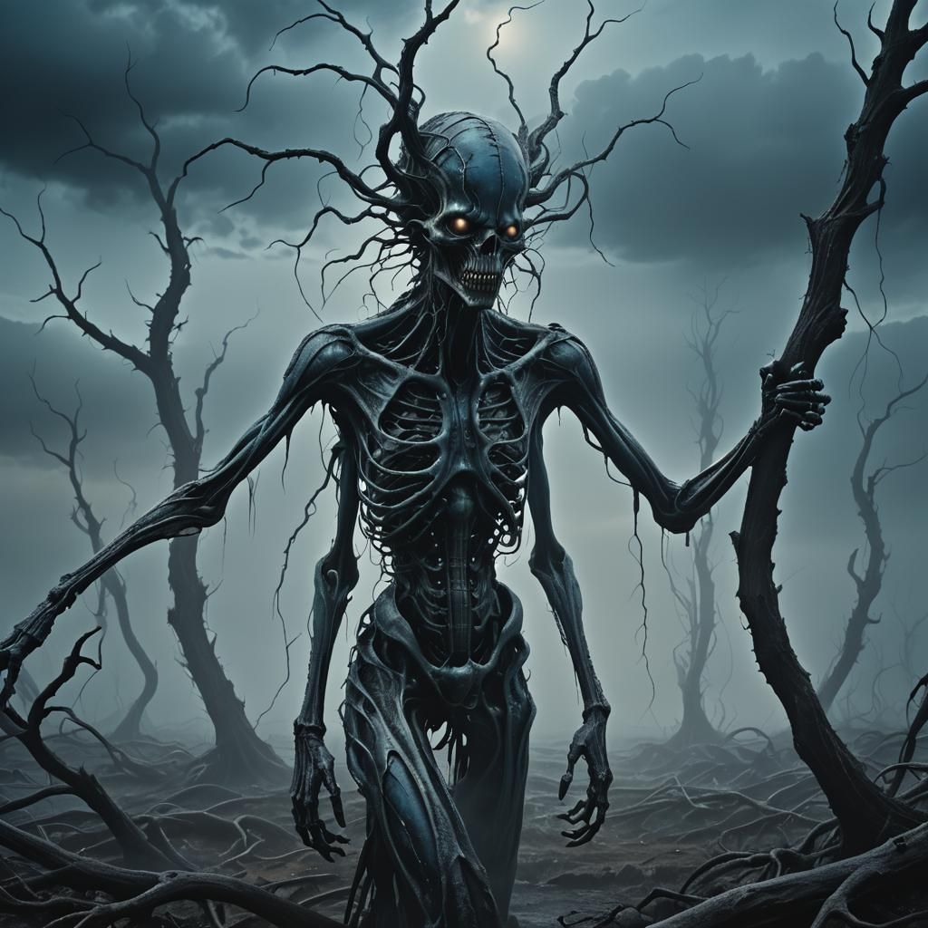 Grotesque Creature's Surreal Nightmare in Dark Landscape