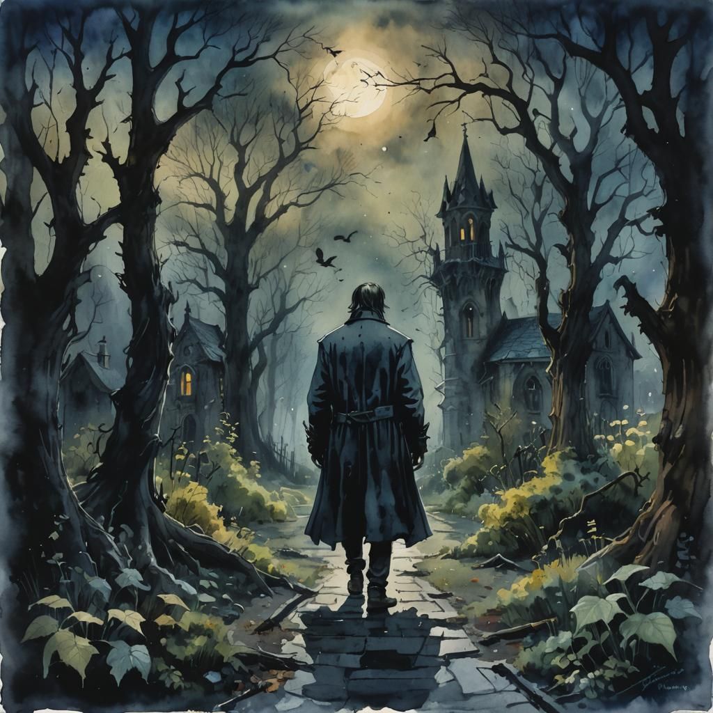 Gothic Horror Garden Scene in Watercolor Gouache Style