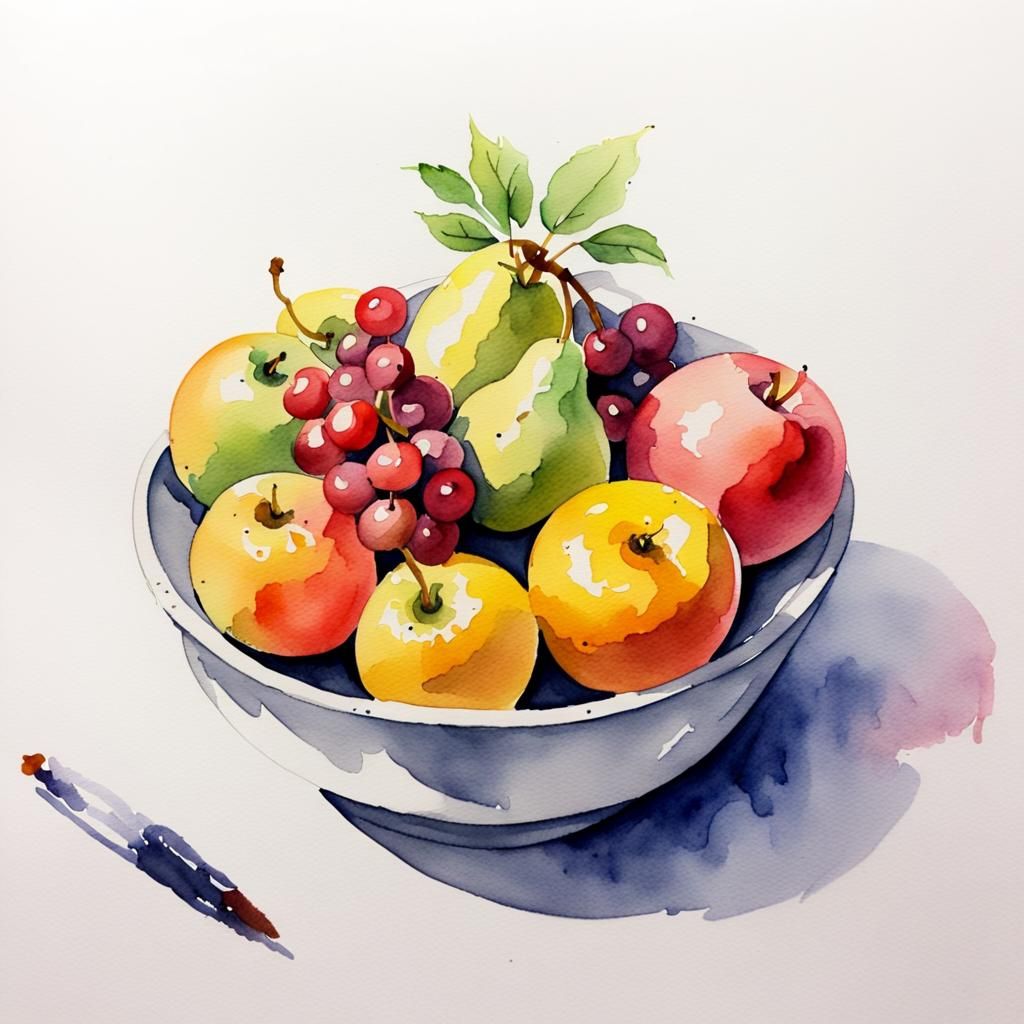 Watercolor Painting of Fruit Bowl
