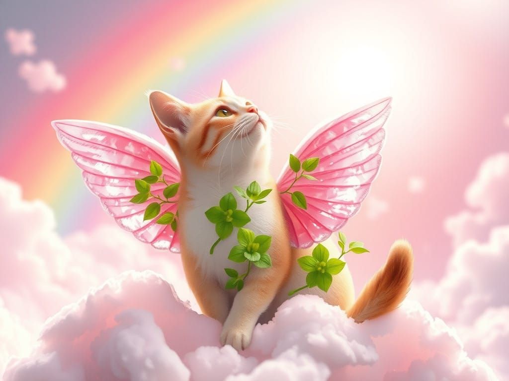Serene Angel Cat Surrounded by Rainbow