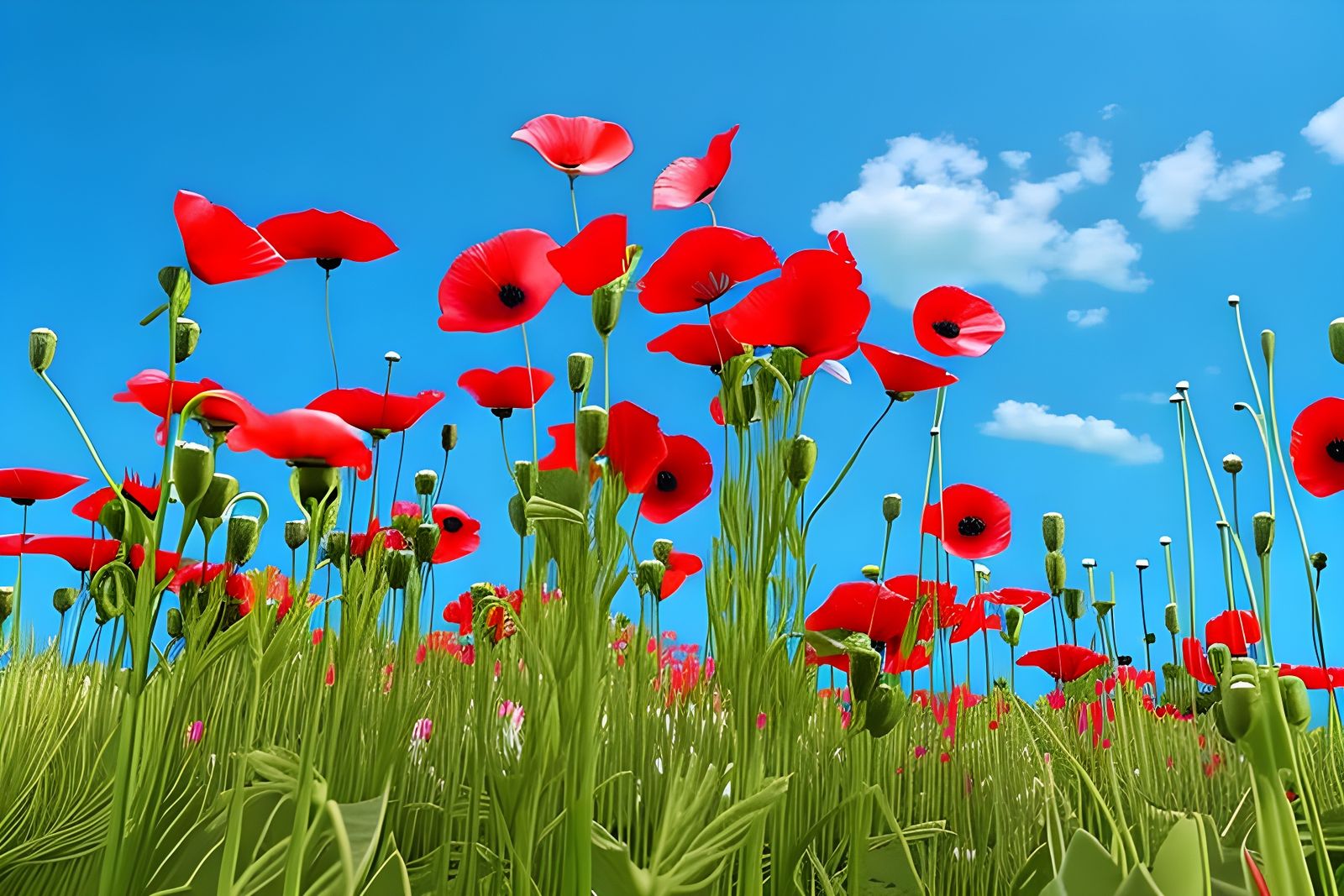 Red Poppies Blooming in Meadow: Impasto 3D Render