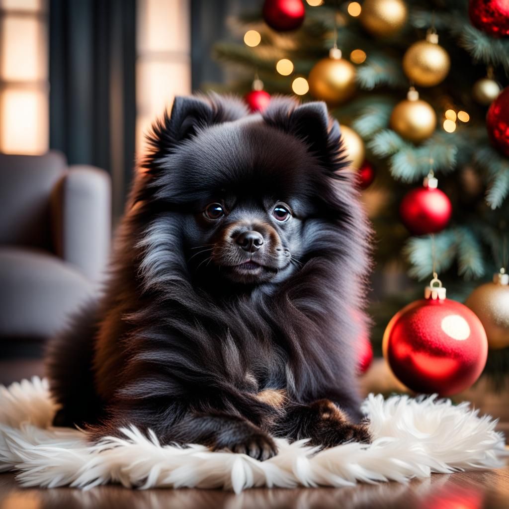 Fluffy Black Pomeranian Puppy Plays with Christmas Ornament