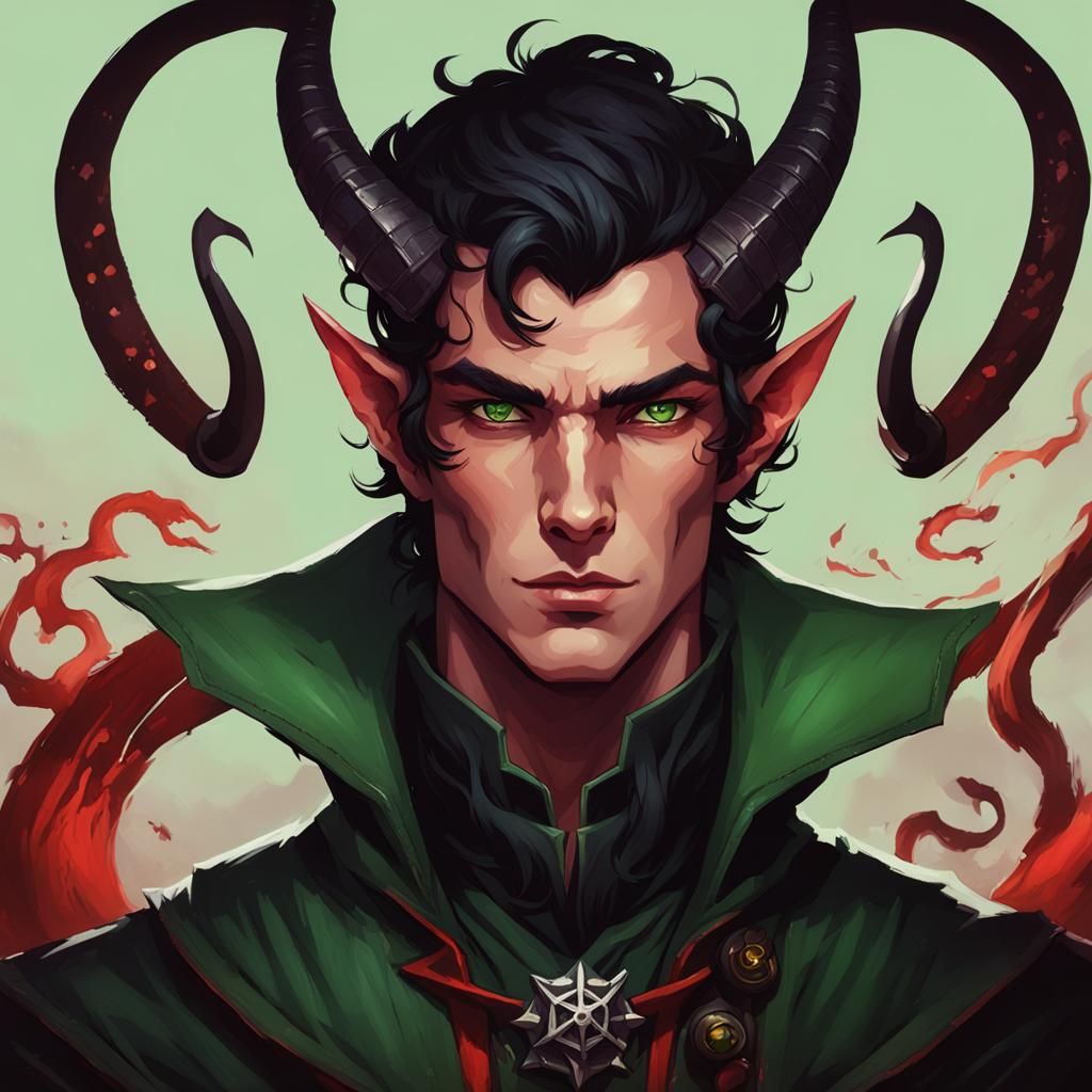 Male Tiefling Warlock with Red Skin and Green Eyes