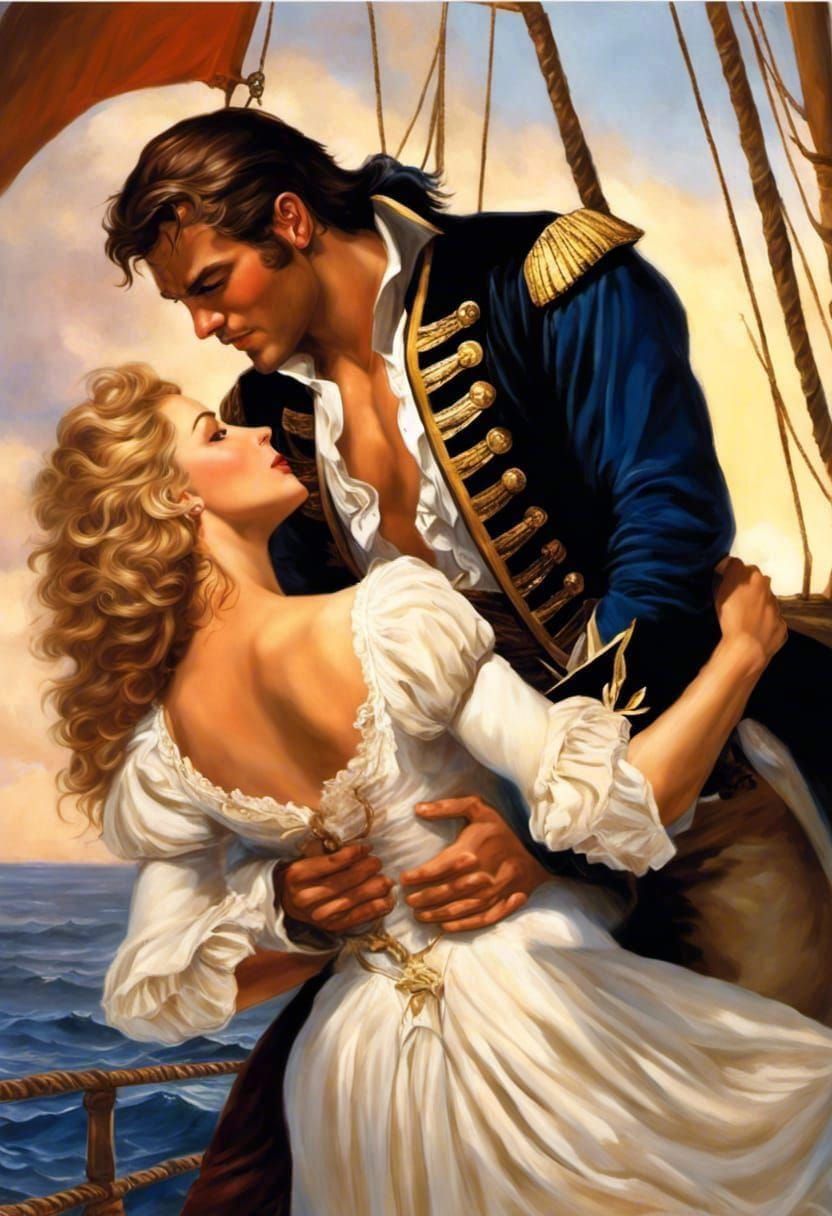 romance novel cover clinch muscular model Fabio, short brown hair, dressed as pirate embraces lovely blonde lady 17th ce...