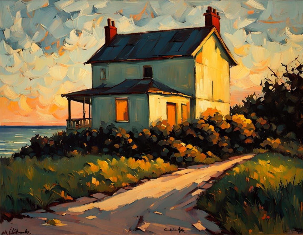 Golden Hour Irish Seaside Cottage in Impressionist Oil