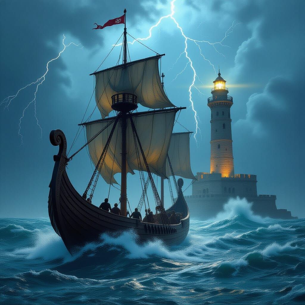 Viking Longship Battles Stormy Seas Towards Alexandria Light...