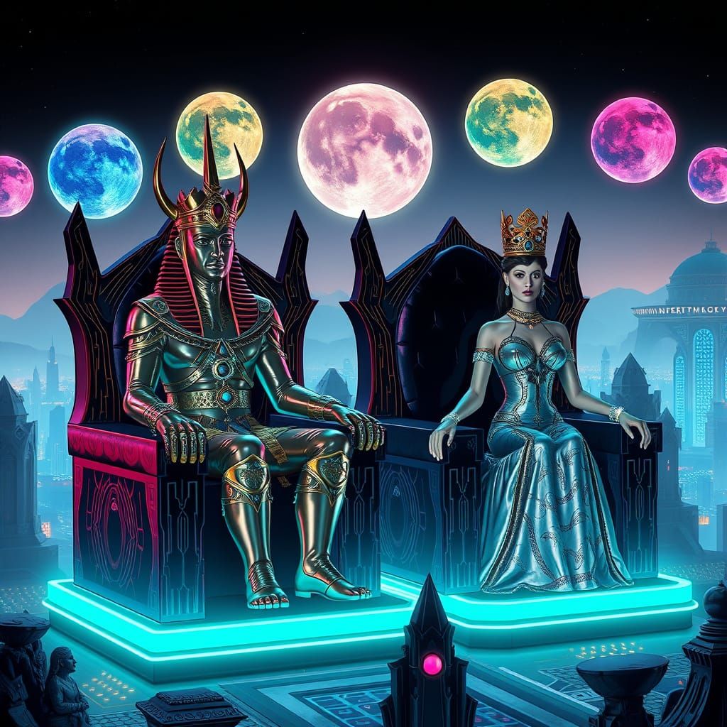 Enki and Inanna on Nibiru in Cyberpunk Style