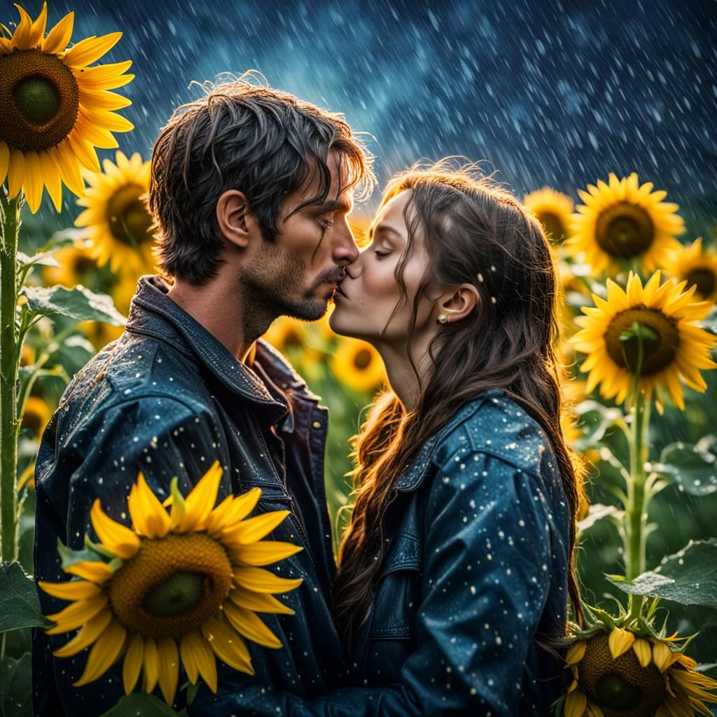 Lovers Kissing in Rainy Sunflower Field, Macro Photography