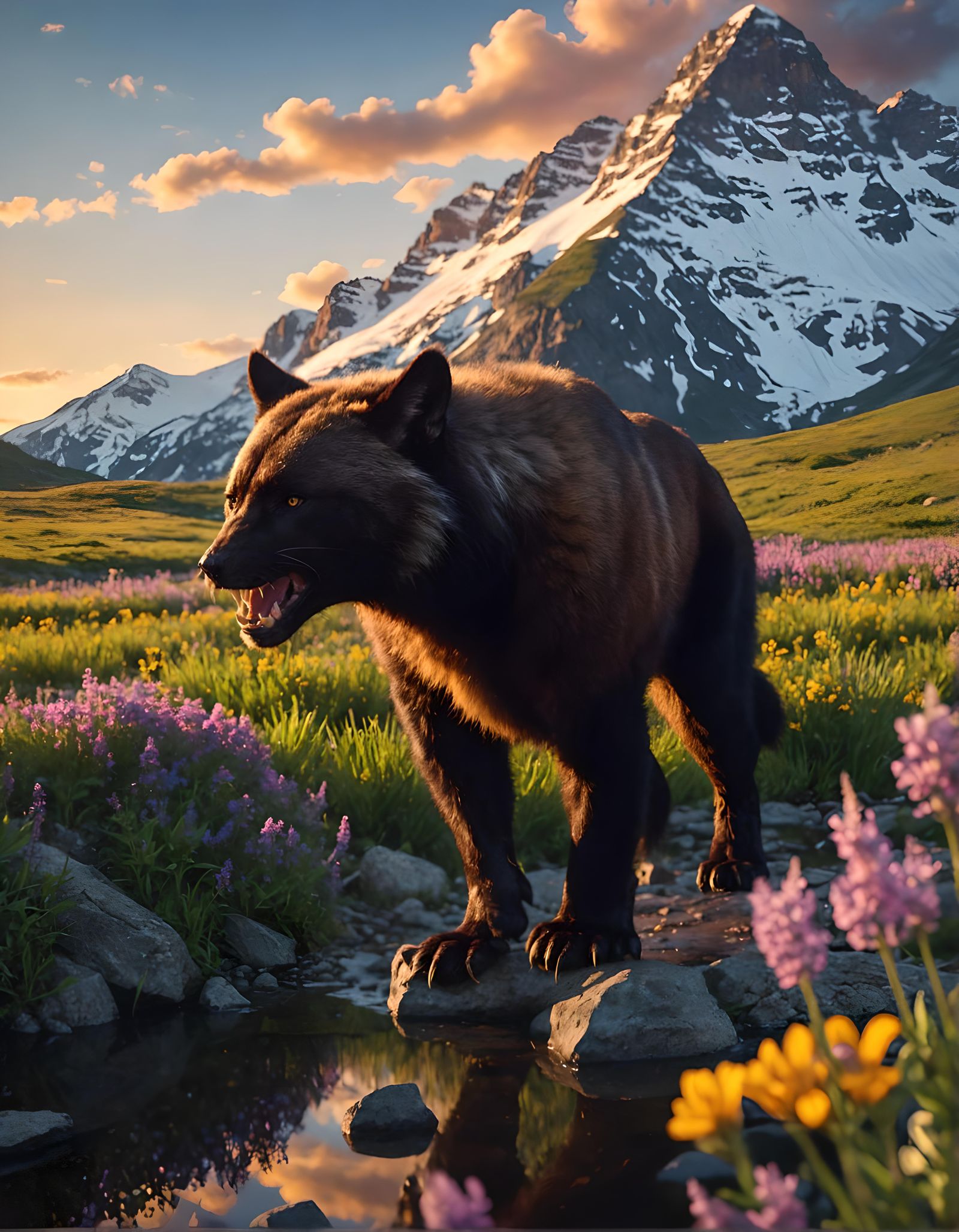 Epic Wolverine in Mountain Meadow at Sunset