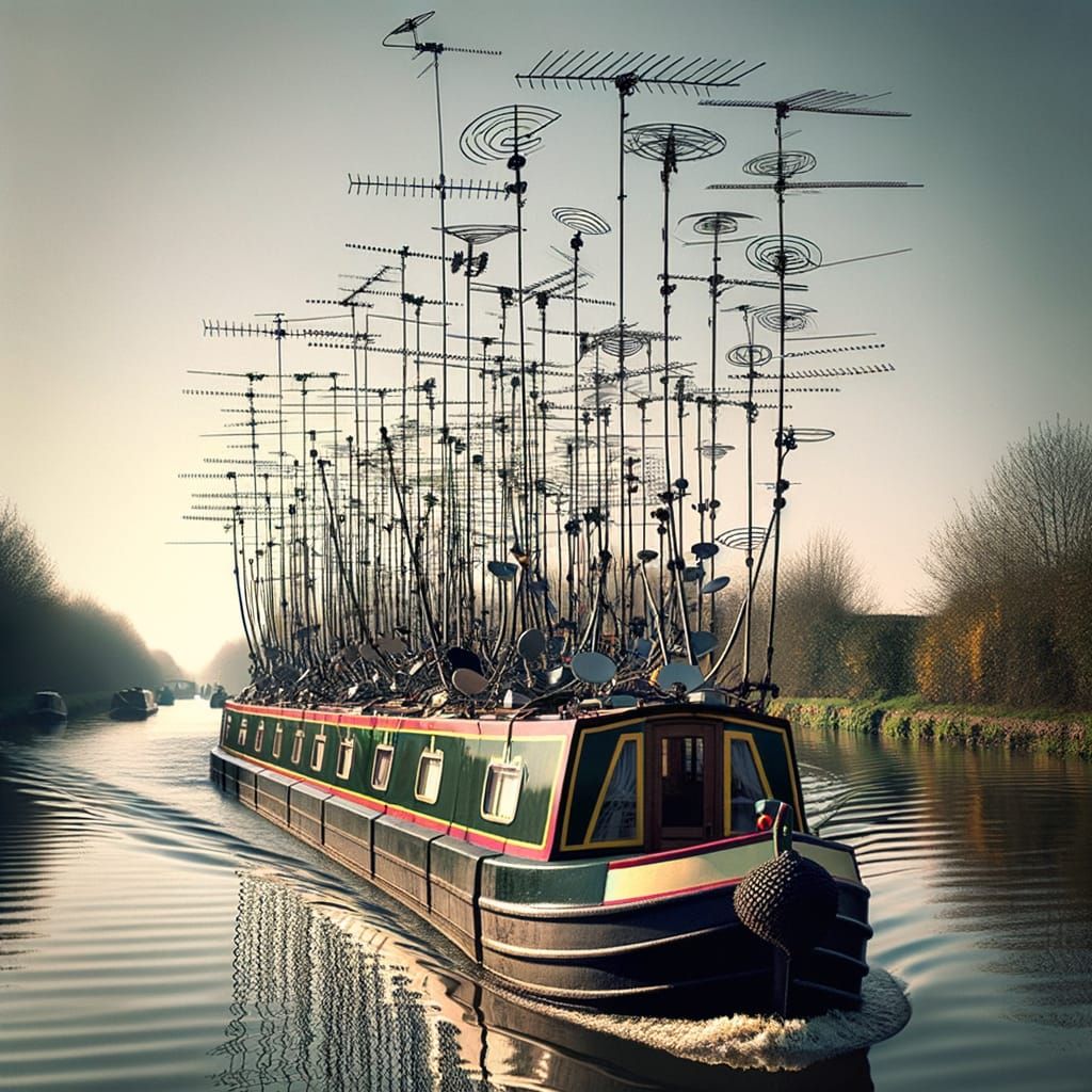 Narrowboat with Numerous Antennas on Canal