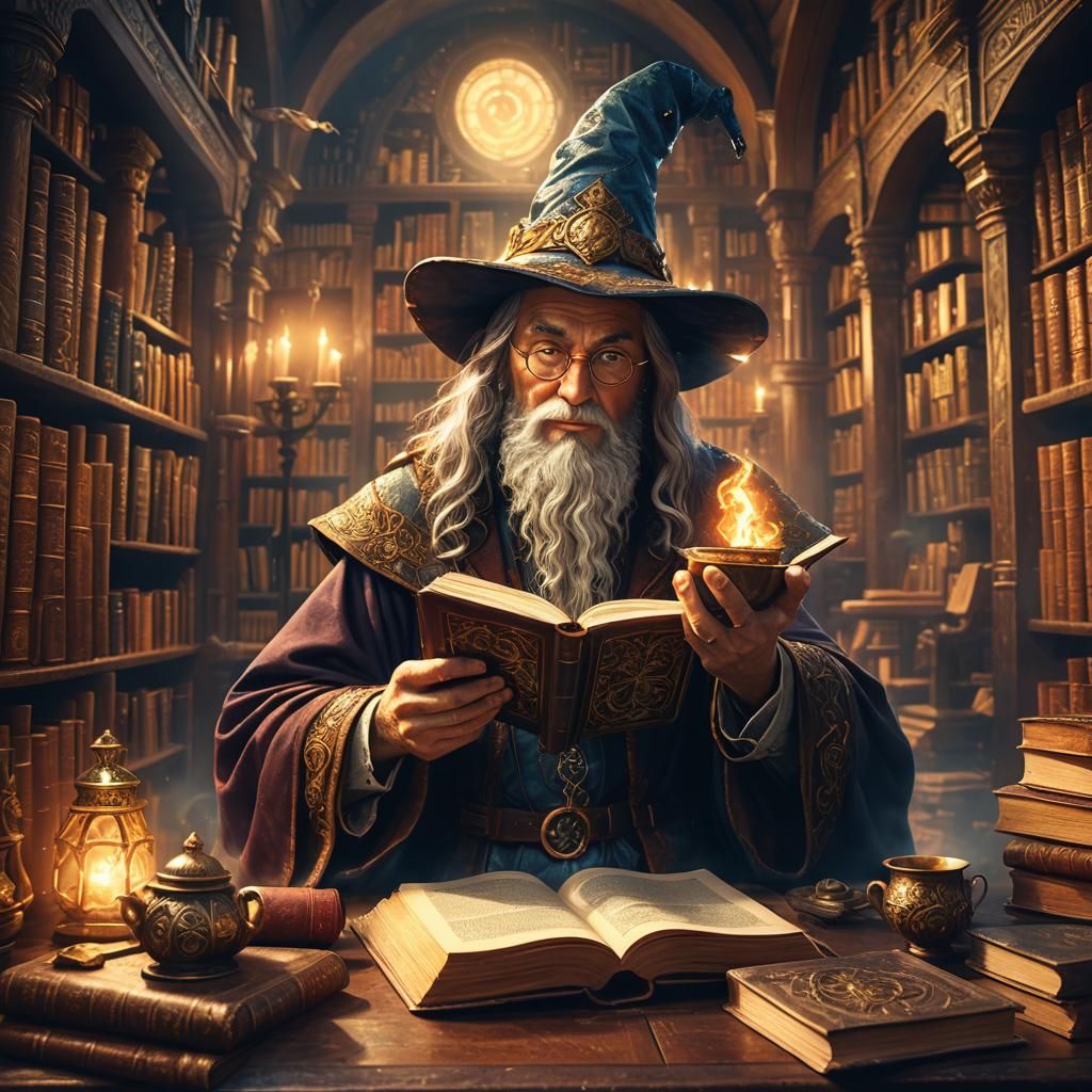 Ethereal Wizard in Illuminated Library