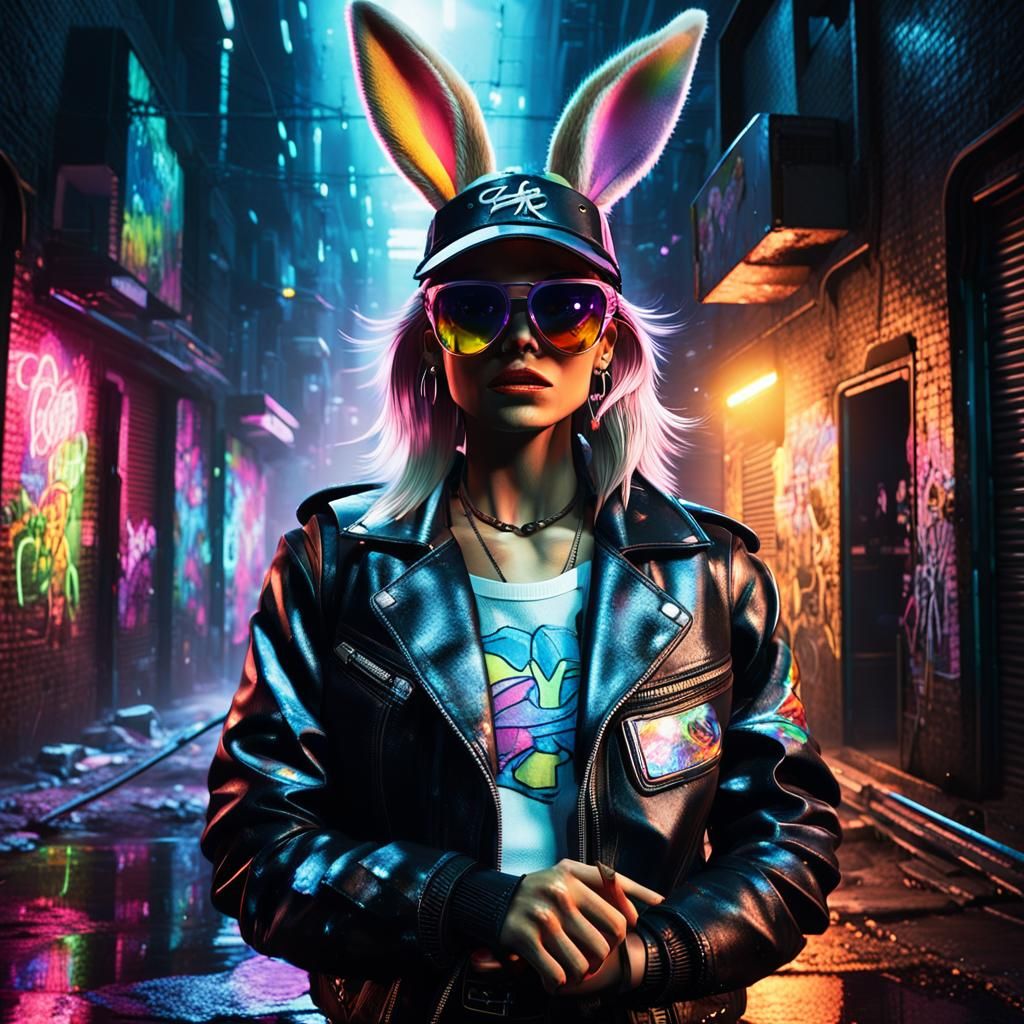 Lola Bunny as Cyberpunk Gangster in Rainy Alley