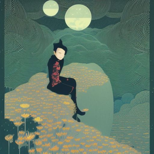 Contemplative Figure in Dark, Detailed Illustration