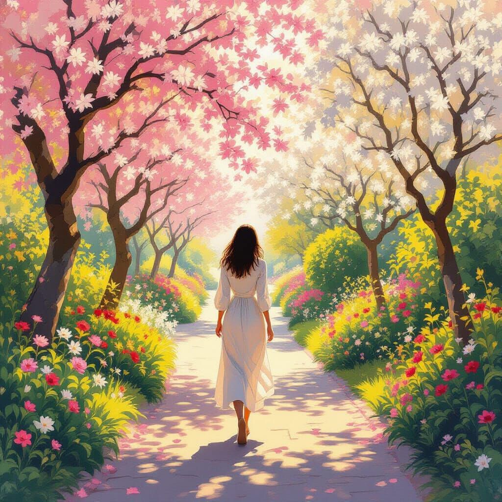 Woman Strolls Through Impressionistic Garden Path